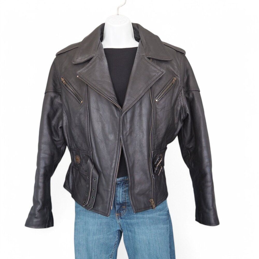 Leather King Vintage Biker Motorcycle Leather Jacket Black Women's M‎